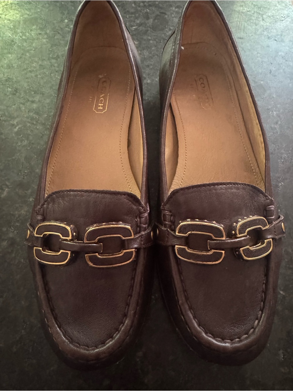 Coach Dark Brown Leather Loafers with Gold Chain Accent